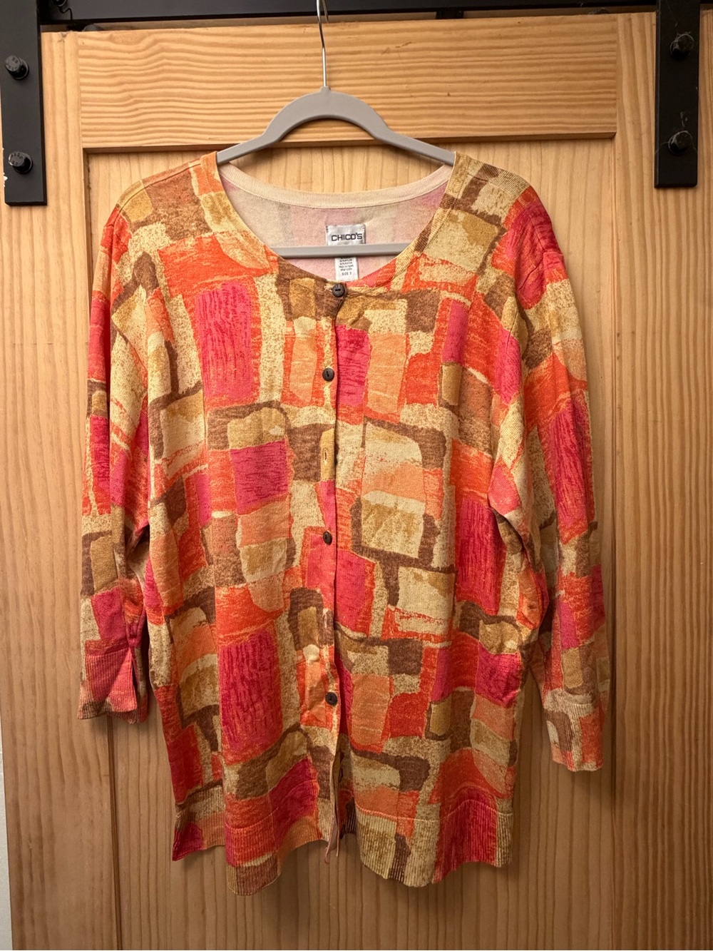 Chico's Coral, Gold & Cream Geometric Knit Top